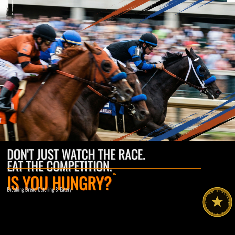 We deliver fast Two racehorses competing closely, with jockeys urging them forward. Text promotes competition.